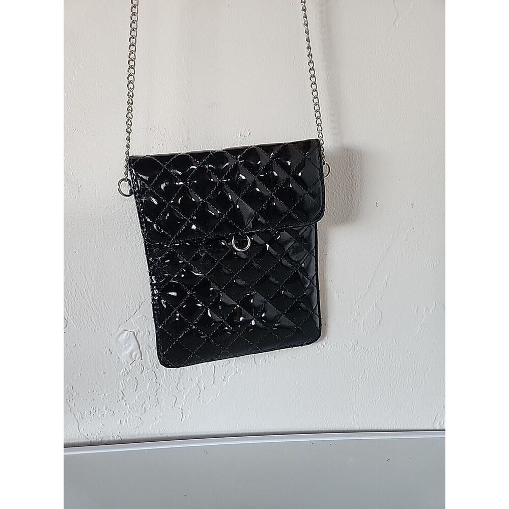 Mini NOUVEAU Black Shoulder Bag Phone Holder SHINY QUILTED Silver Chain strap